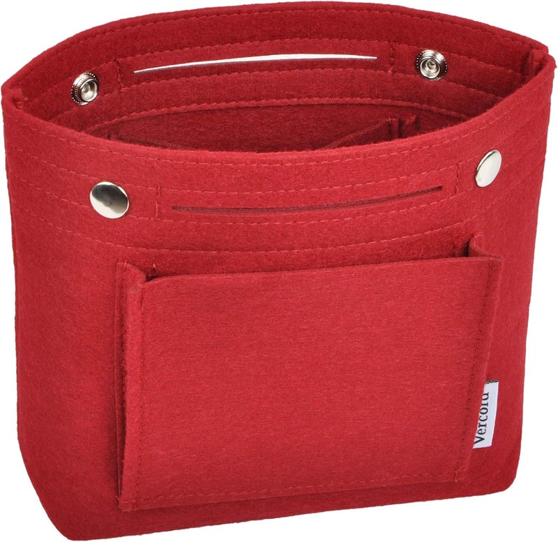 Vercord Mini Slim Small Felt Purse Organizer Insert Inside Handbag Tote Pocketbook for Women Burgundy - Image 1